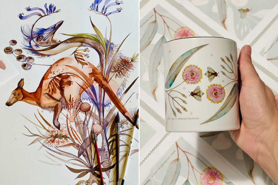 an image collage showing a hand holding a mug with flowers and bees on it on the right hand side and an artistic illustration of a kangaroo, emau and some flowers on the left hand side