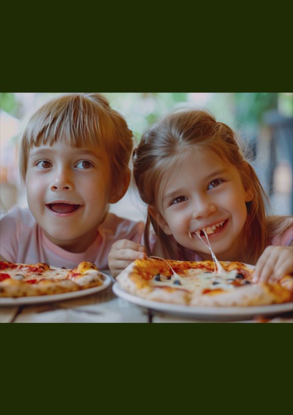 two children - a smiling boy and a smiling girl - eating pizza on a table