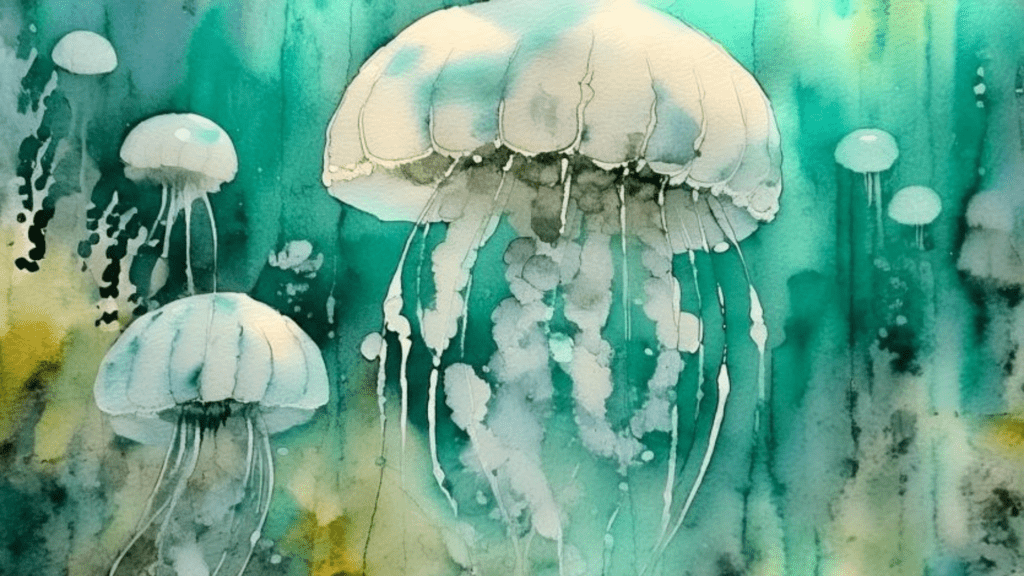 a watercolour painting of jellyfish in the ocean