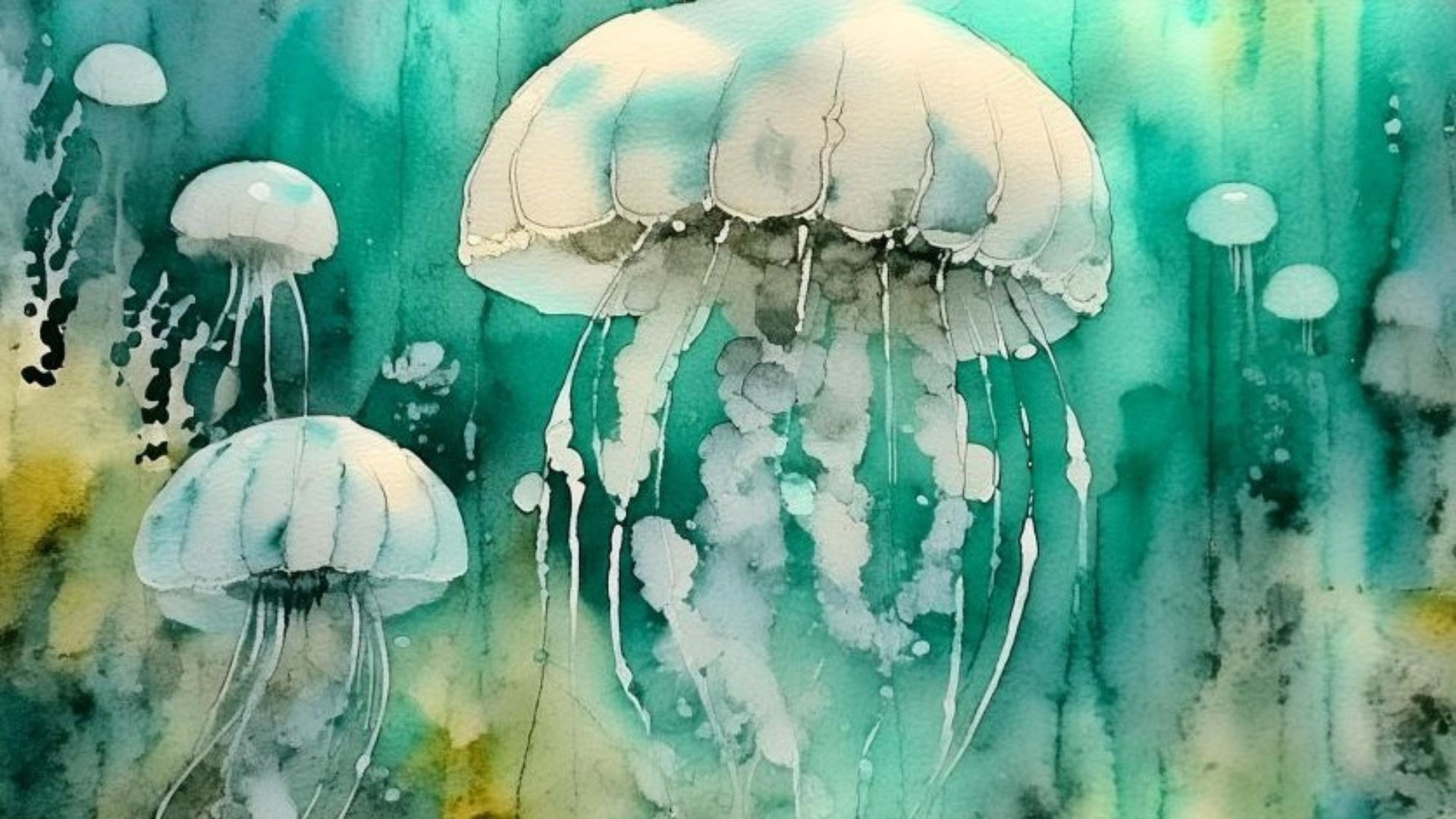 a watercolour painting of jellyfish in the ocean