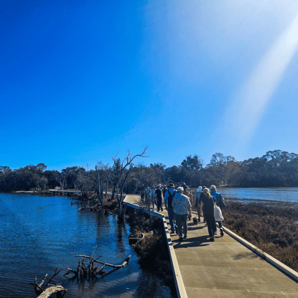 a group of people walking on a boardwalk over a body of water