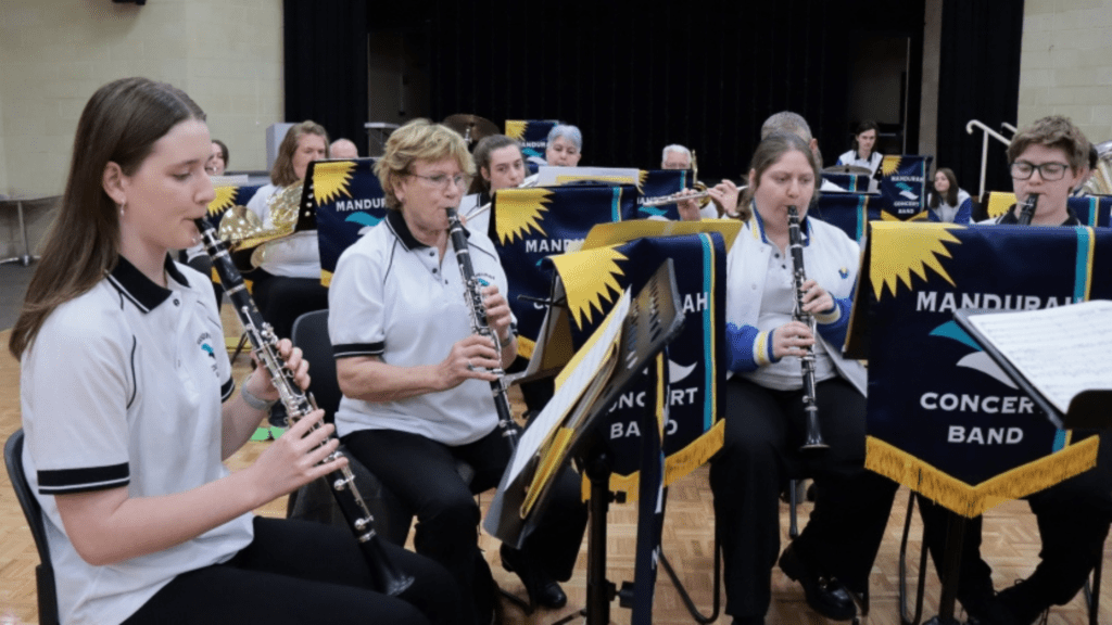 a group of people playing instruments in an auditorium.