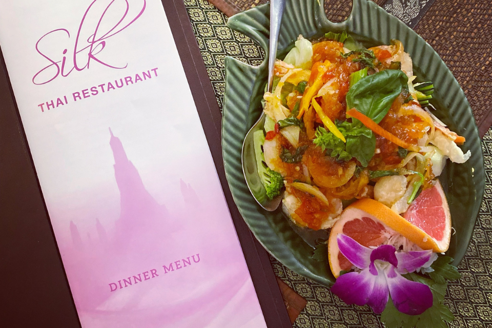 a Thai dish on a fish-shaped plate on a table with Silk Thai Restaurant's menu card lying next to it