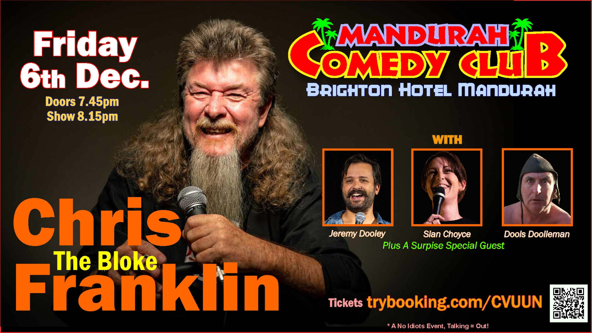 Events flyer of Mandurah Comedy Club at Brighton Mandurah in December 2024