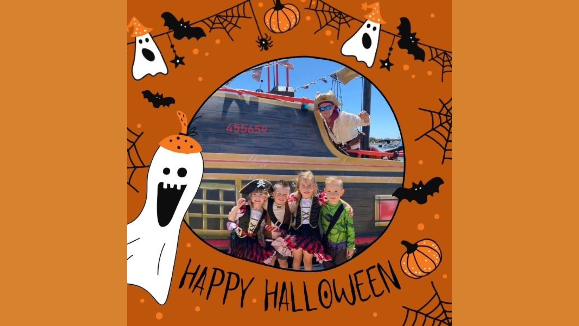 a halloween poster with children posing in front of a pirate ship